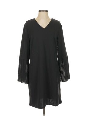 H by Halston Black V-Neck Mini Dress with Pleated Bell Sleeves